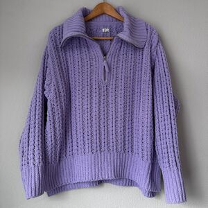 AERIE Women's Chenille 1/4 Zip Collared Sweater Lavender Purple Cable Knit Large